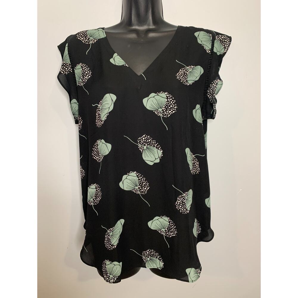 Loft Outlet Women's Large Black V-Neck Olive Green Floral Short Sleeve Blouse - Picture 2 of 7